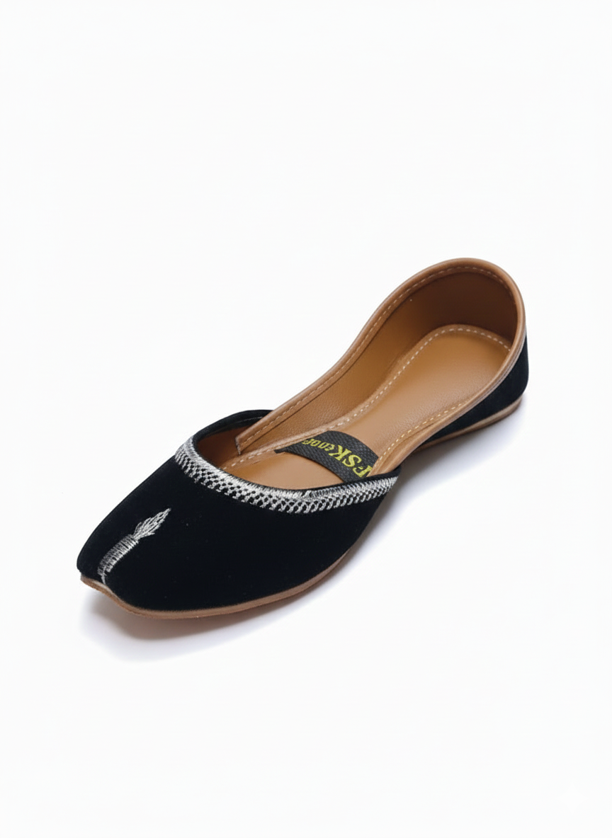 Women's Black Velvet Khussa with Silver Embroidery