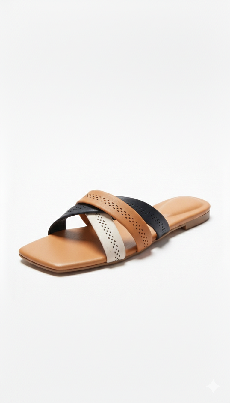 "Women's Elegant Multi-Tone Cross-Strap Flat Sandals - Chic & Comfortable Daily Wear"