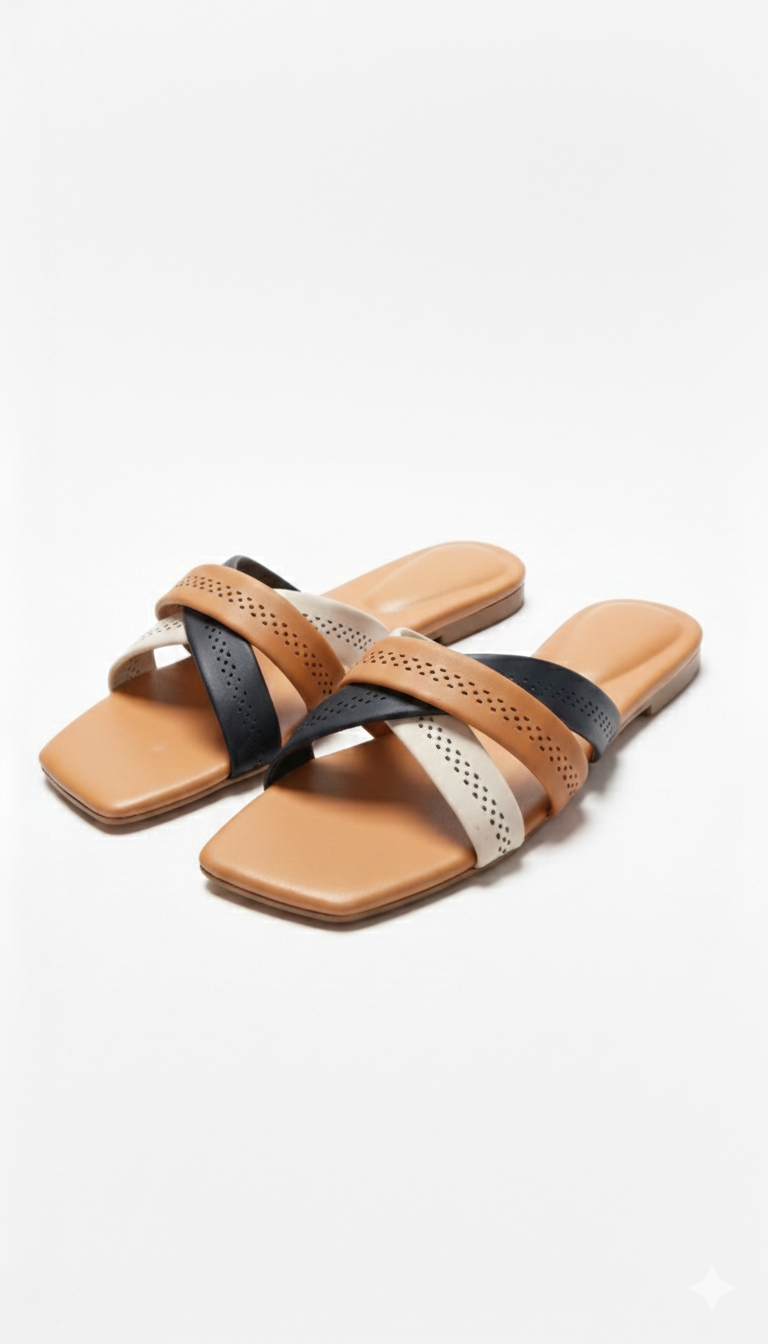 "Women's Elegant Multi-Tone Cross-Strap Flat Sandals - Chic & Comfortable Daily Wear"