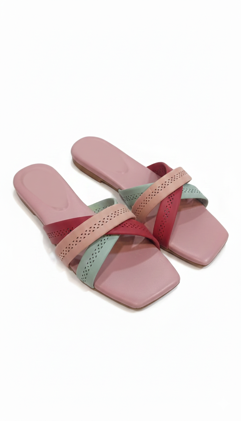 "Women's Elegant Multi-Tone Cross-Strap Flat Sandals - Chic & Comfortable Daily Wear"