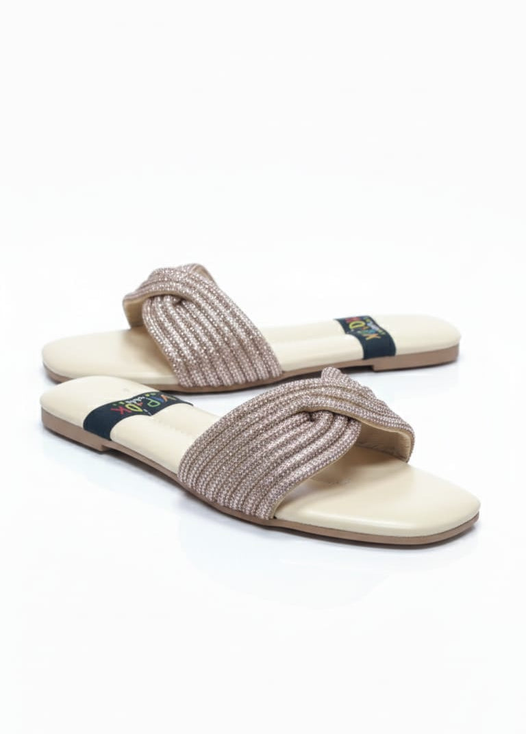 "Rose Gold Shimmer: Elegant Braided Strap Flat Sandals"