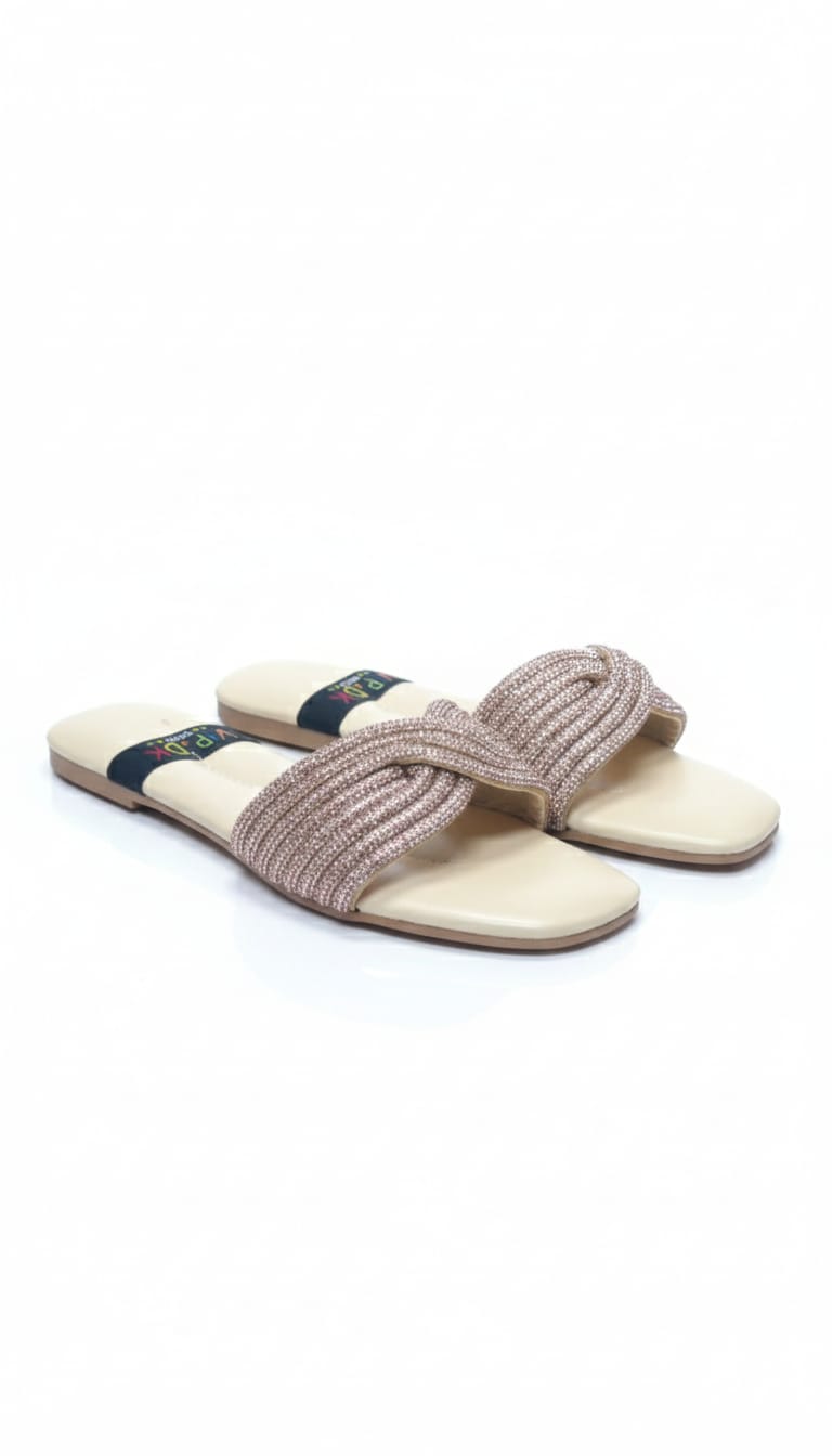 "Rose Gold Shimmer: Elegant Braided Strap Flat Sandals"