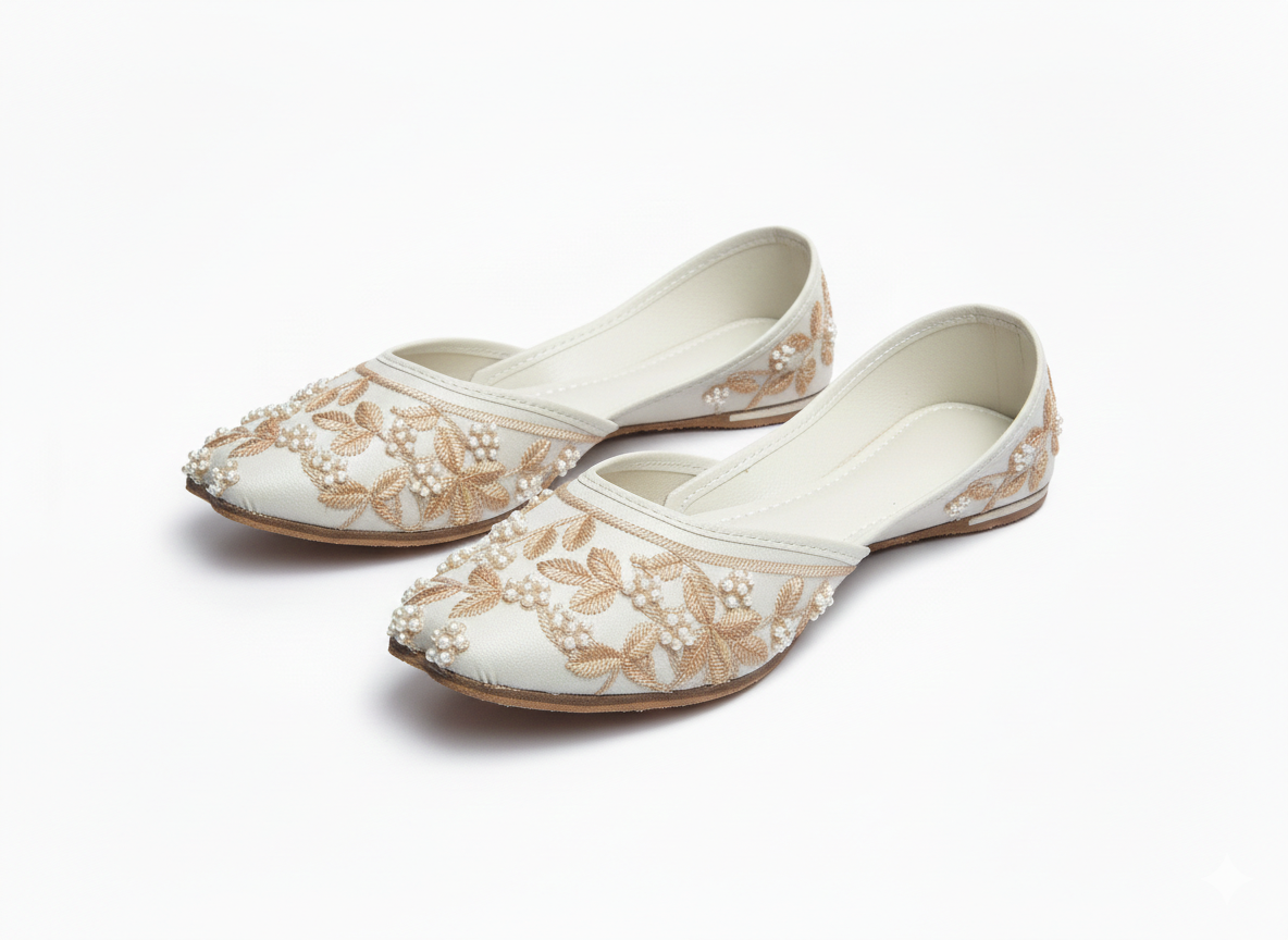 Women’s Traditional Off-White Handcrafted Pearl & Gold Zari Floral Khussa