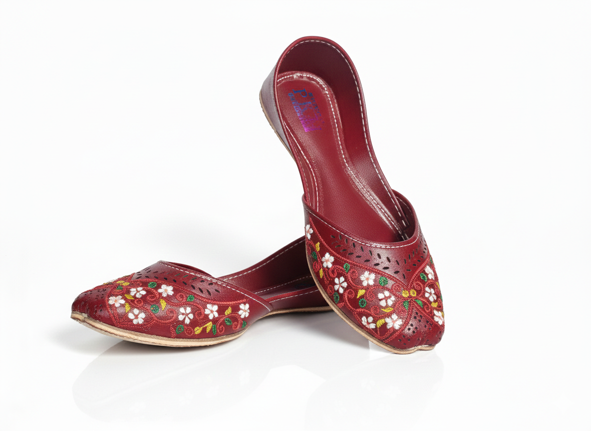 Women's Olive Green Khussa with Pink & White Floral Embroidery