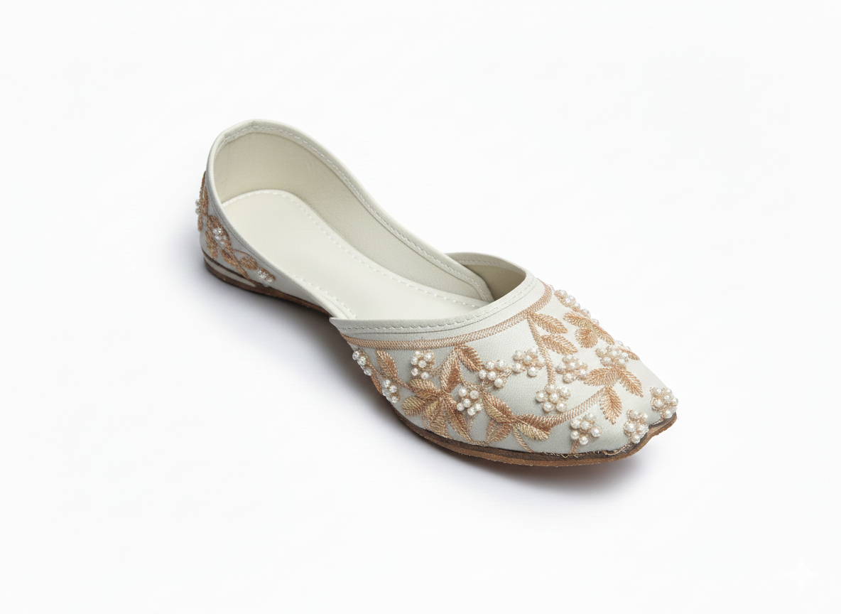 Women’s Traditional Off-White Handcrafted Pearl & Gold Zari Floral Khussa