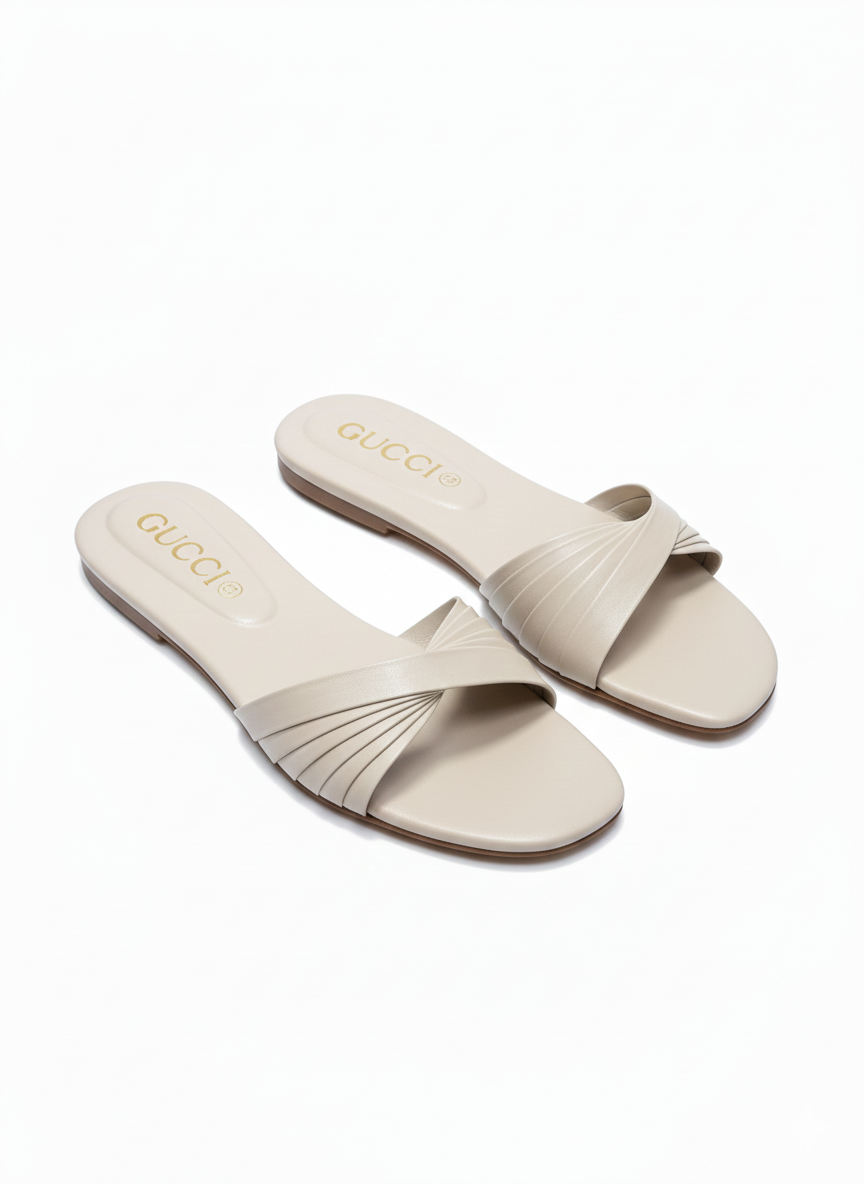 OFF White Pleated Cross Strap Slides