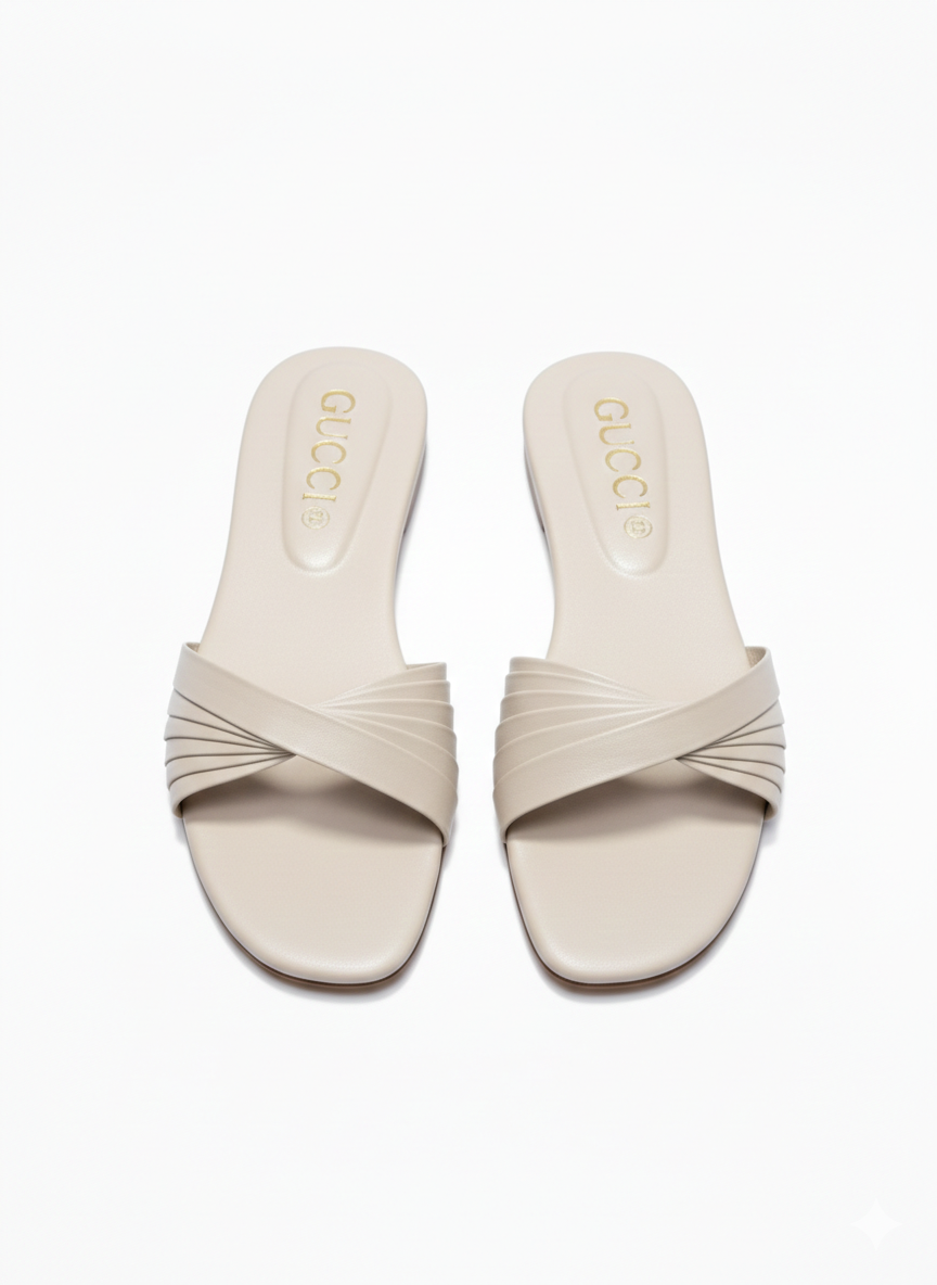 OFF White Pleated Cross Strap Slides