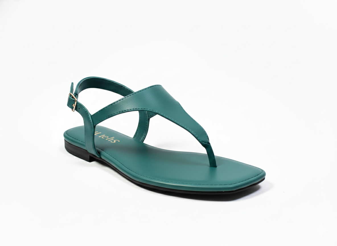 "Elegant Teal Green T-Strap Flat Sandals for Women – Stylish & Comfortable Daily Wear"