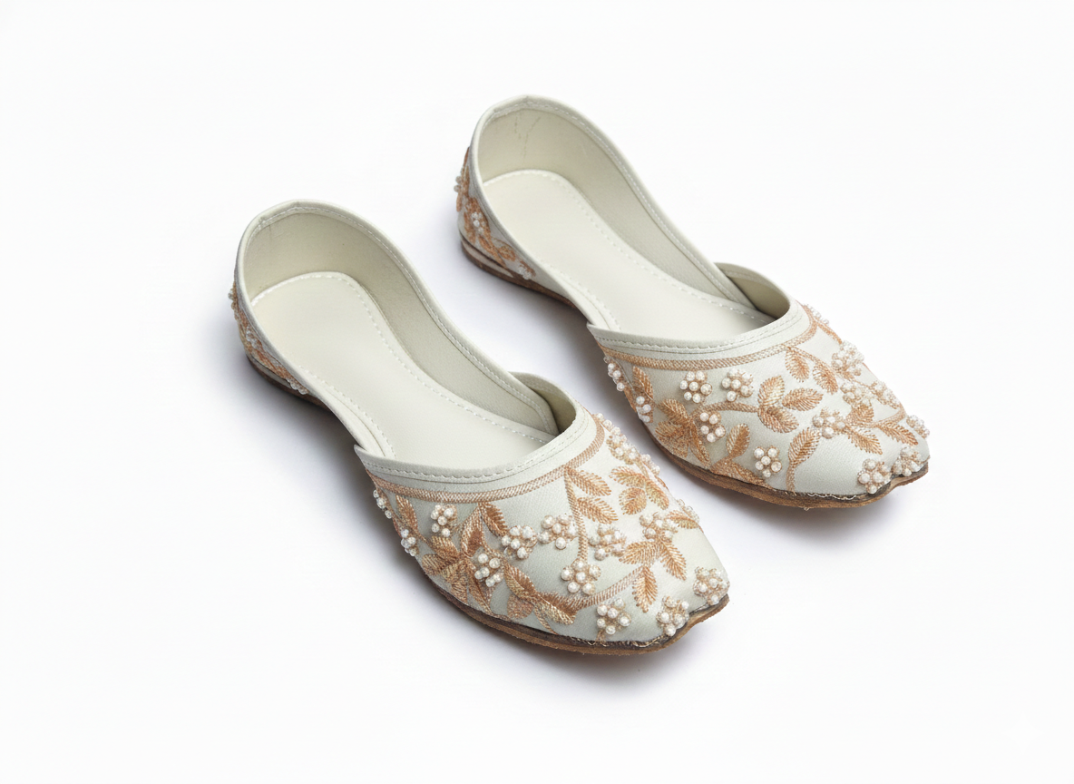 Women’s Traditional Off-White Handcrafted Pearl & Gold Zari Floral Khussa