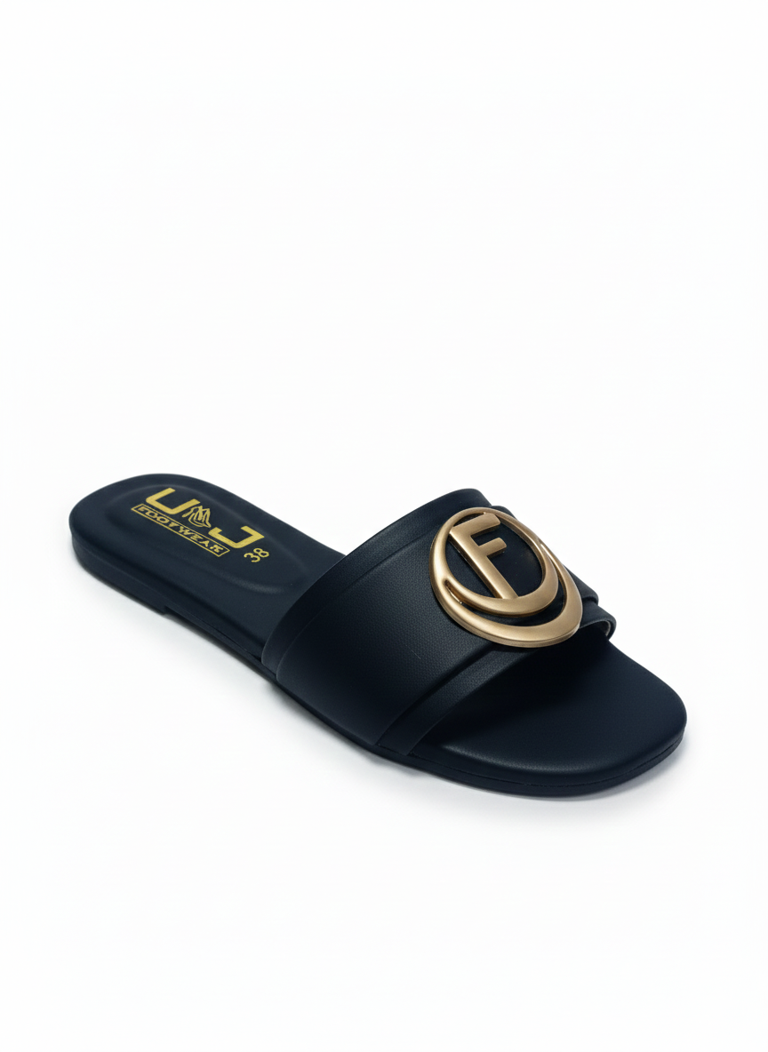 Luxurious Black Slip Ons with Golden Crest Detail
