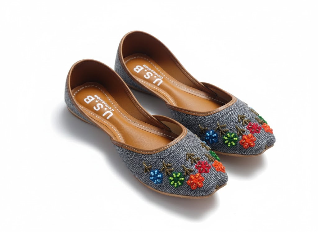 Grey Floral Charm: Hand-Embroidered Ethnic Khussas