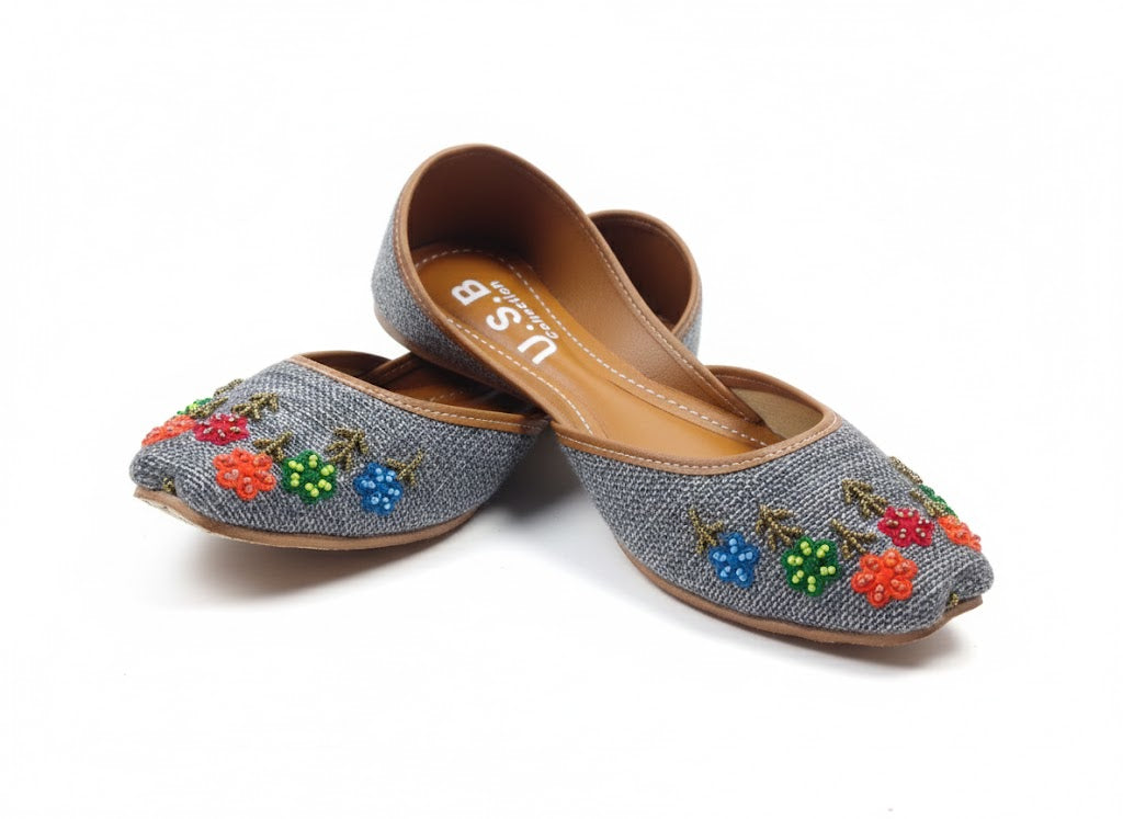 Grey Floral Charm: Hand-Embroidered Ethnic Khussas