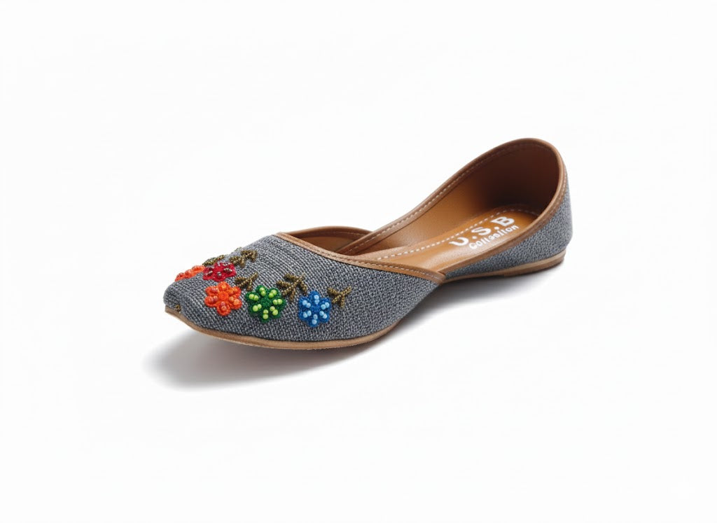 Grey Floral Charm: Hand-Embroidered Ethnic Khussas