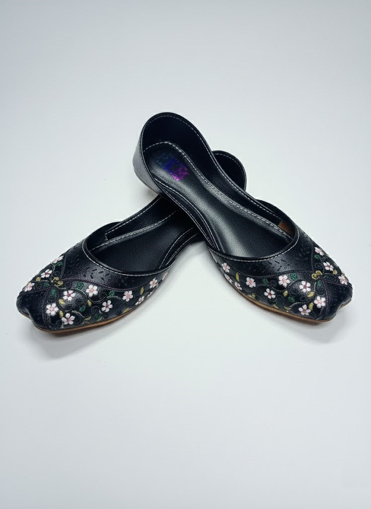 Women's Olive Green Khussa with Pink & White Floral Embroidery