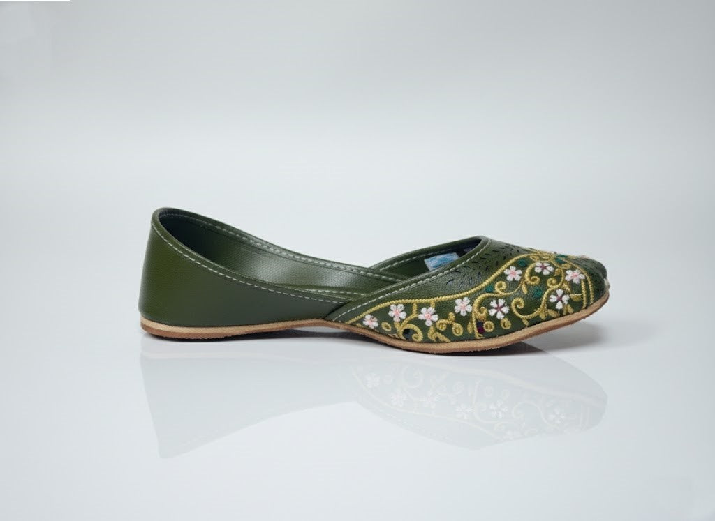 Women's Olive Green Khussa with Pink & White Floral Embroidery