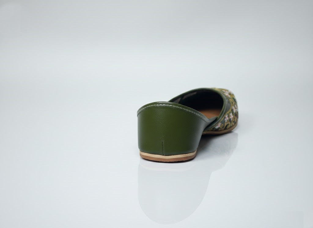 Women's Olive Green Khussa with Pink & White Floral Embroidery