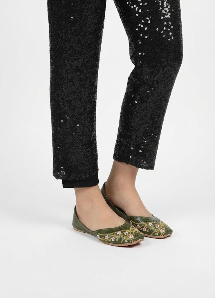 Women's Olive Green Khussa with Pink & White Floral Embroidery