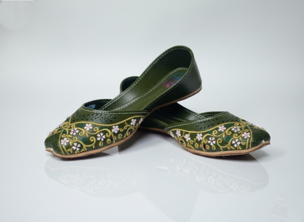 Women's Olive Green Khussa with Pink & White Floral Embroidery